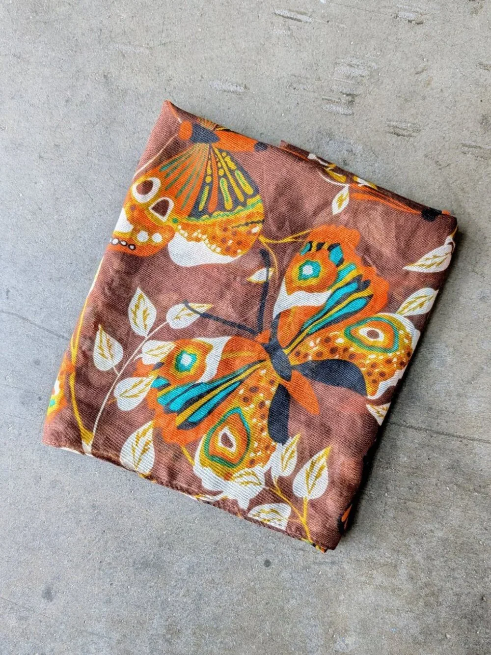 Retro 70s Brown Orange Butterfly Pattern Long Scarf